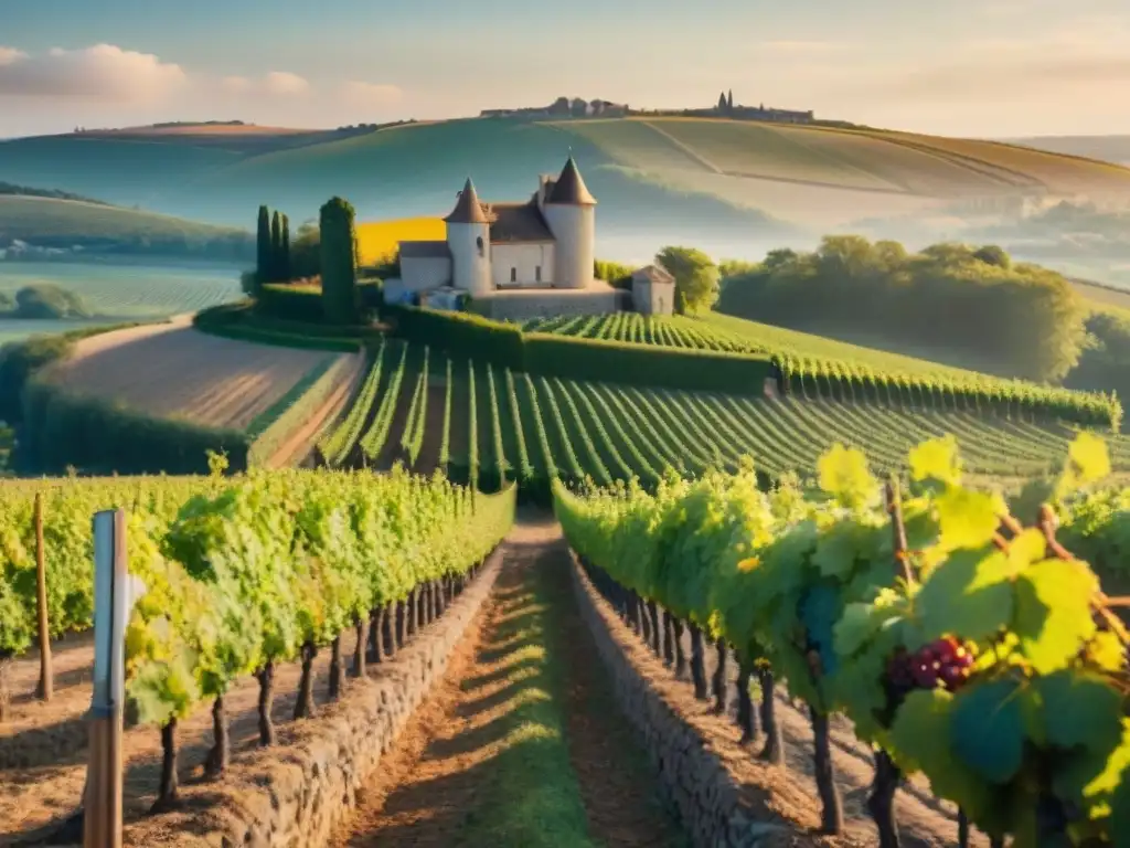 Un viñedo orgánico en la campiña francesa durante la vendimia, con viñas bañadas por el sol y un chateau al fondo