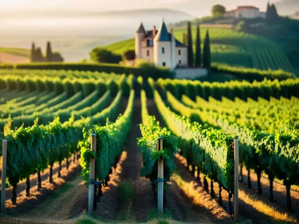 Viñedo orgánico en la campiña francesa con chateau histórico al fondo