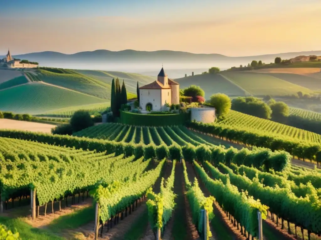 Un viñedo orgánico en la campiña francesa al atardecer, destilando la esencia de la tradición culinaria y el vino orgánico en Francia