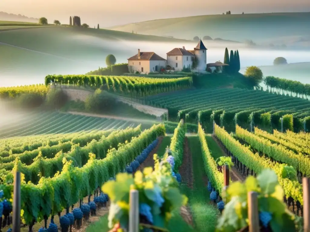 Viñedo orgánico al amanecer en Francia: filas de uvas vibrantes y flores silvestres, con un château histórico entre la neblina matutina