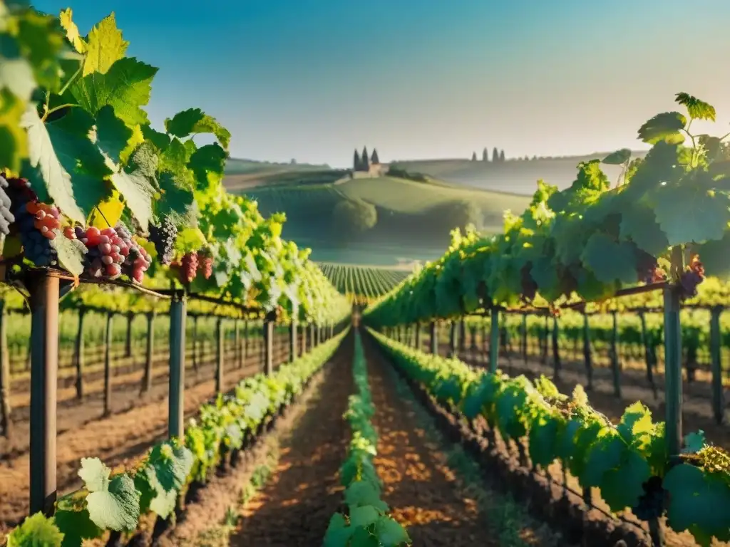 Un viñedo orgánico en Borgoña, Francia, con filas de uvas cultivadas sosteniblemente bajo el cálido sol