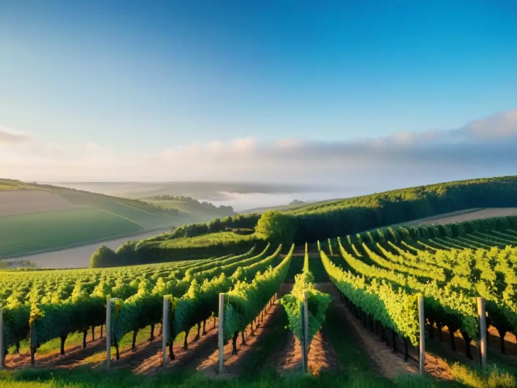 Viñedo orgánico en Francia: filas de vides verdes bajo cielo azul, reflejando cuidado y sostenibilidad