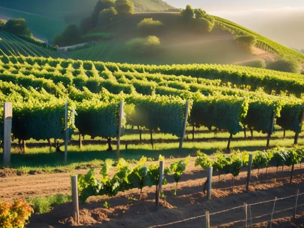 Viñedo orgánico sostenible certificado en Francia: uvas saludables bajo el cálido sol dorado