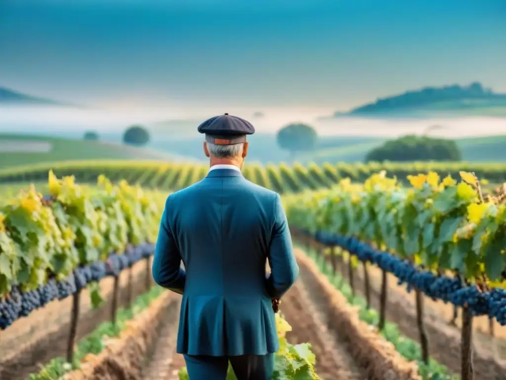 Viñedo orgánico en Francia con viticultor inspeccionando uvas