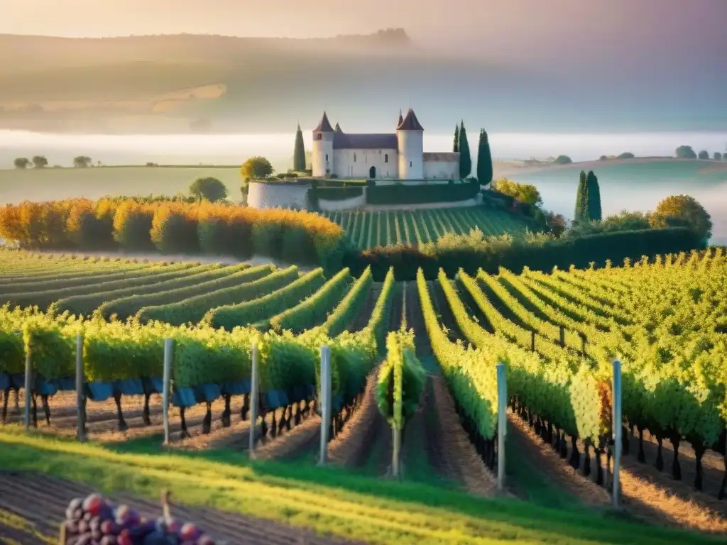 Viñedo en otoño en Burdeos, Francia, con uvas moradas en las vides y un castillo al fondo