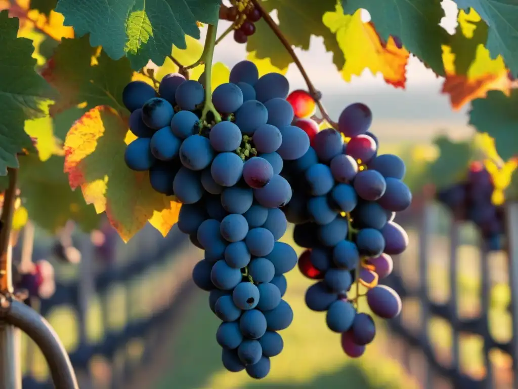 Viñedo en otoño en Francia, con uvas tintas en primer plano