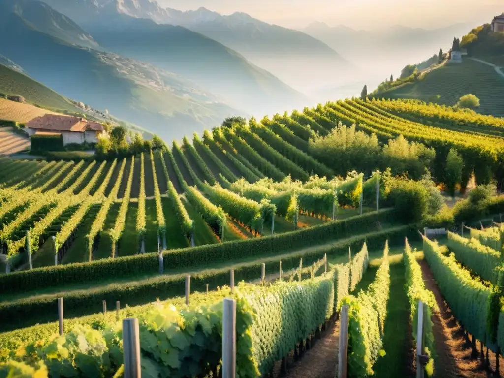 Un viñedo pintoresco en los Alpes franceses al atardecer, con vides verdes y montañas nevadas