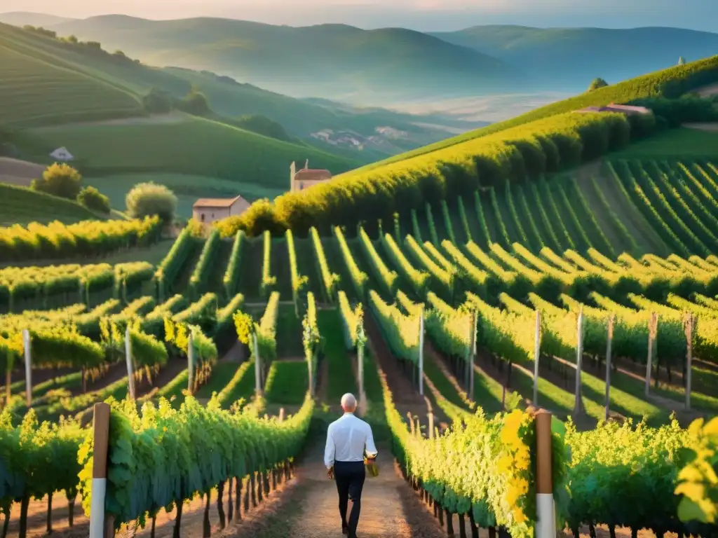 Un viñedo pintoresco en Alsacia al atardecer con un sommelier sirviendo vino blanco aromático