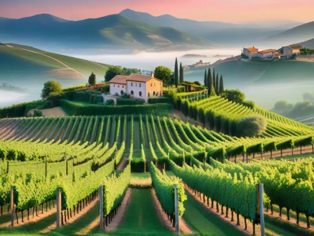 Viñedo en Alsacia al atardecer: paisaje de ensueño Viñedo pintoresco en Alsacia al atardecer, con tonos naranjas y rosados en el cielo