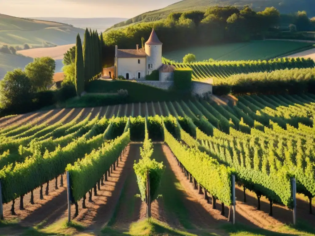 Viñedo francés al atardecer: Belleza dorada y serena Un viñedo pintoresco al atardecer en Francia