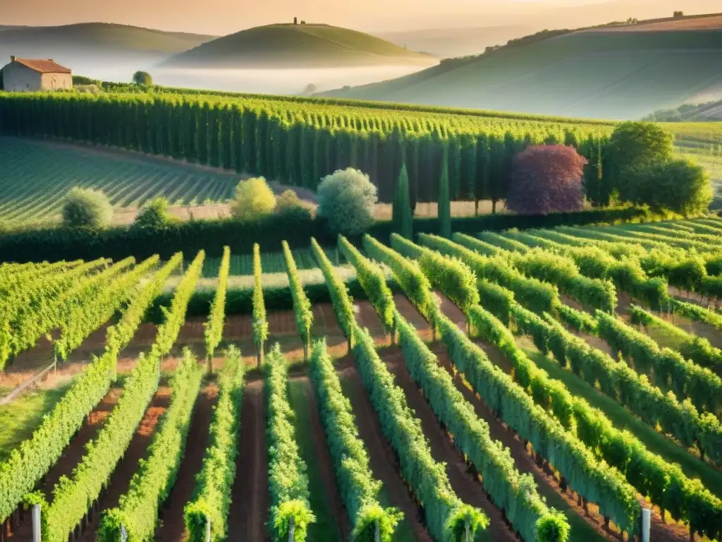 Viñedo pintoresco al atardecer con agricultores practicando técnicas agrícolas sostenibles en la campiña francesa