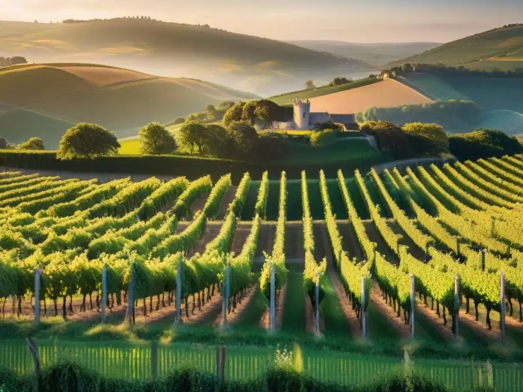 Viñedo pintoresco en Bretaña al atardecer, resaltando la belleza natural