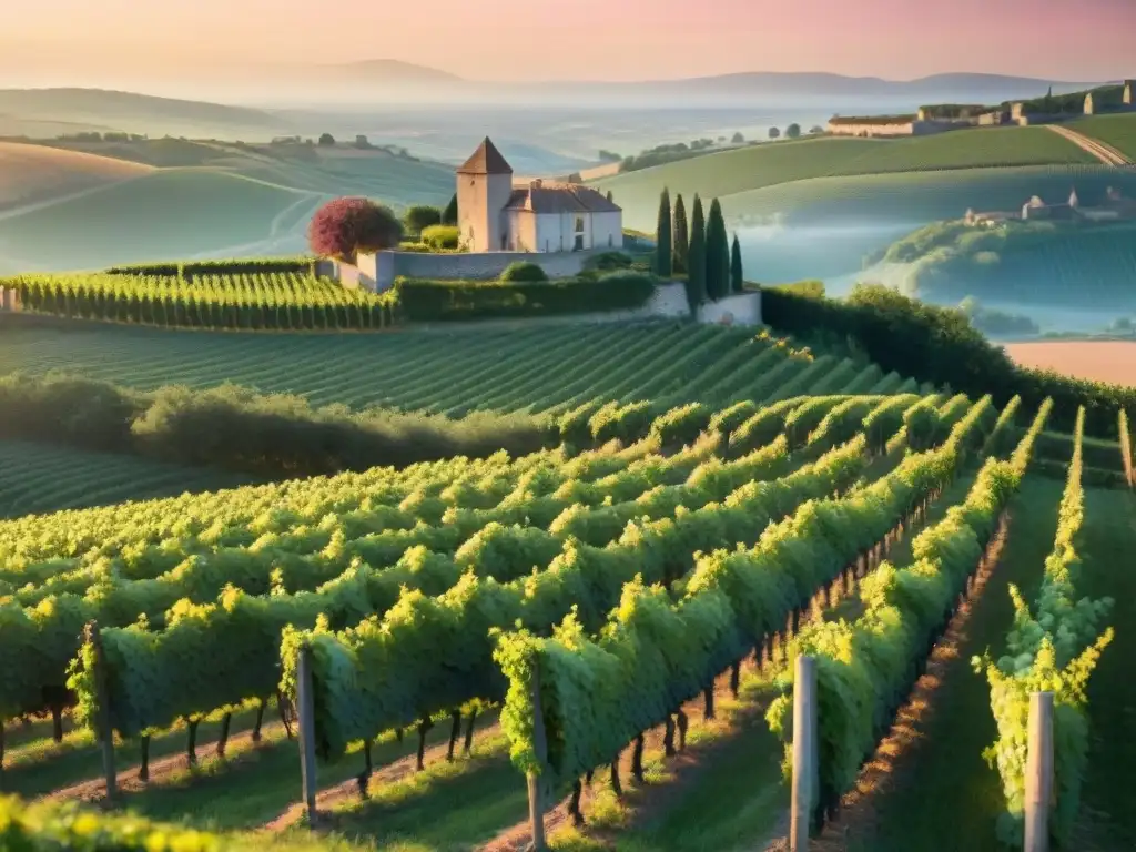 Un viñedo pintoresco al atardecer en la campiña francesa, con hileras de vides rosadas y un castillo histórico al fondo