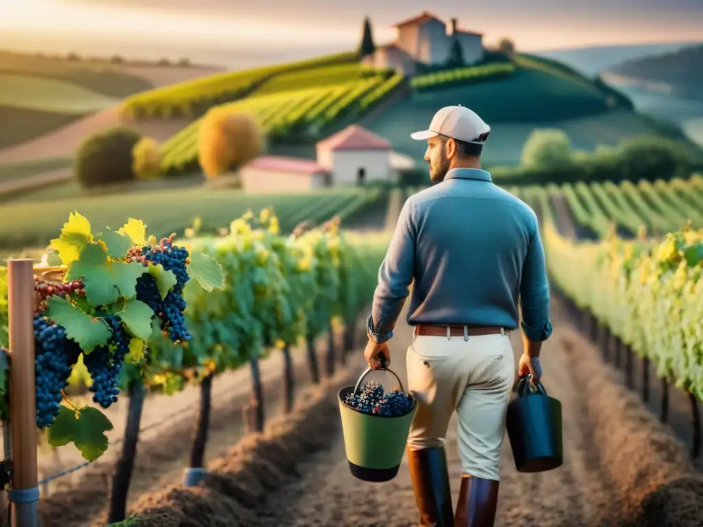 Un viñedo pintoresco al atardecer en la campiña francesa, fusionando métodos tradicionales con innovaciones en la producción de vino