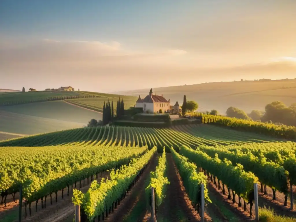 Viñedo pintoresco al atardecer en la campiña francesa con vides exuberantes