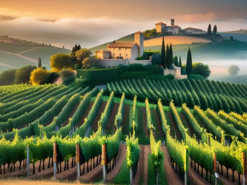 Un viñedo pintoresco en el atardecer de Languedoc-Roussillon, Francia, con un château francés