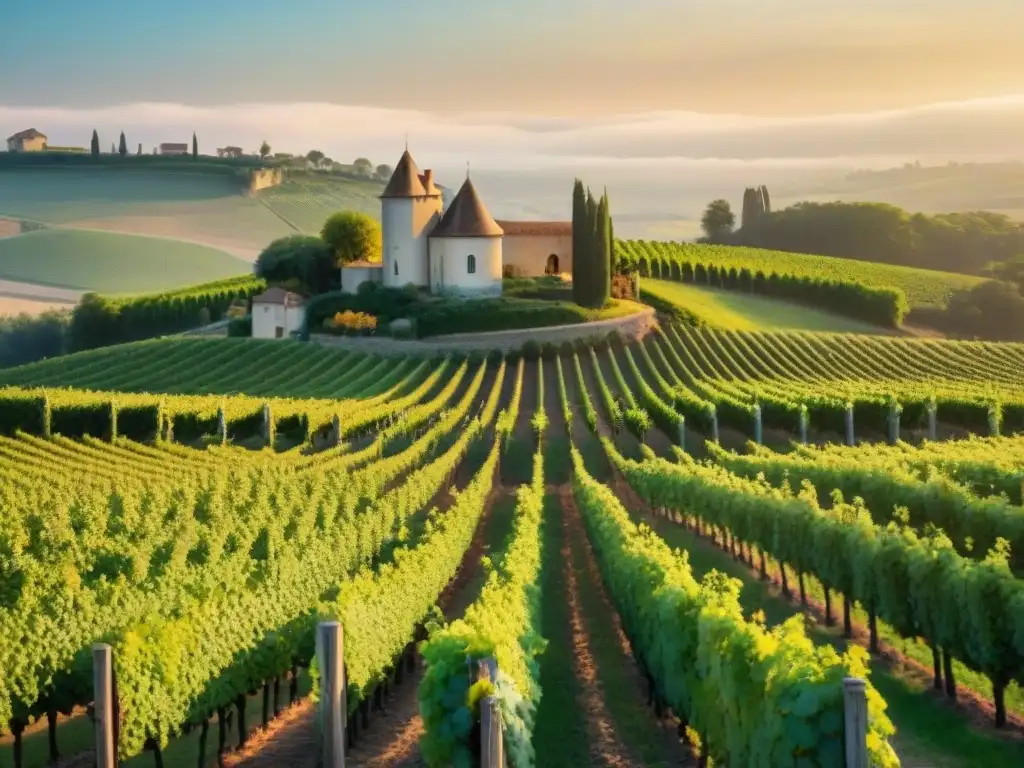 Un viñedo pintoresco al atardecer dorado en Francia