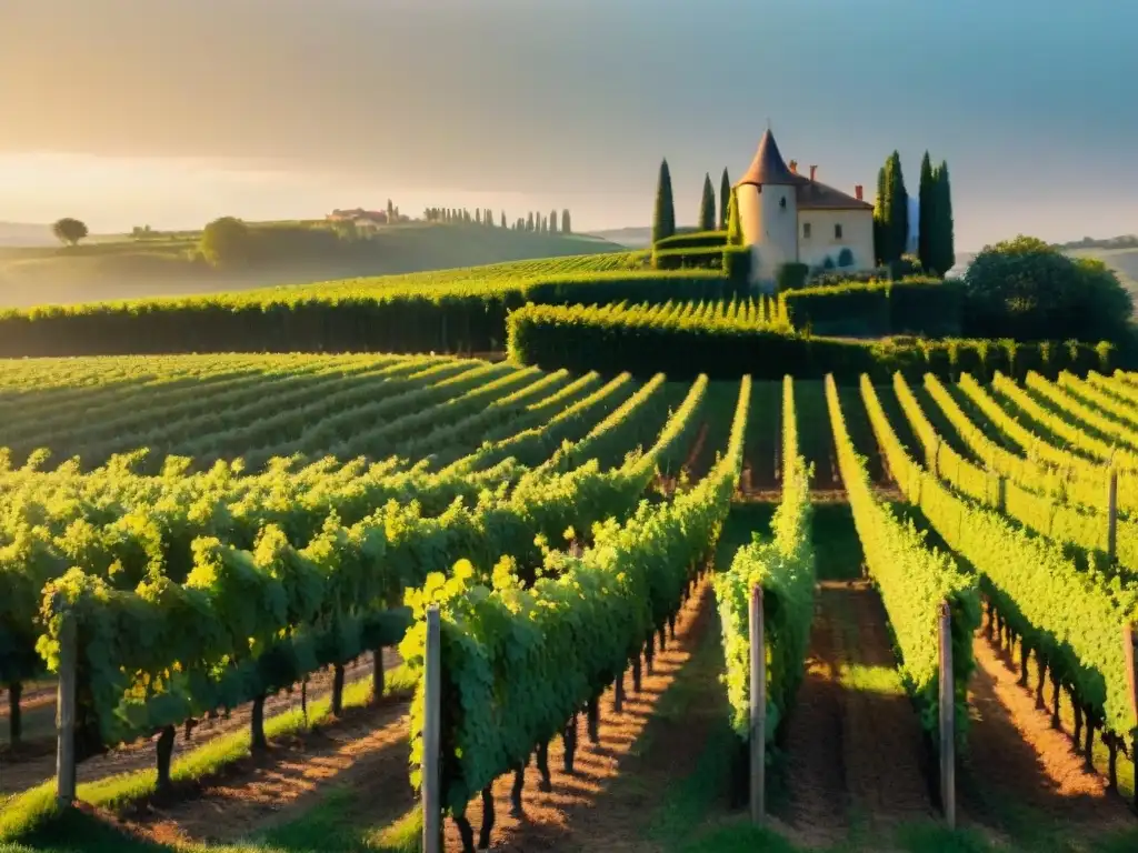 Un viñedo pintoresco al atardecer en Francia, con filas de vides verdes y un château francés antiguo entre los rayos dorados del sol