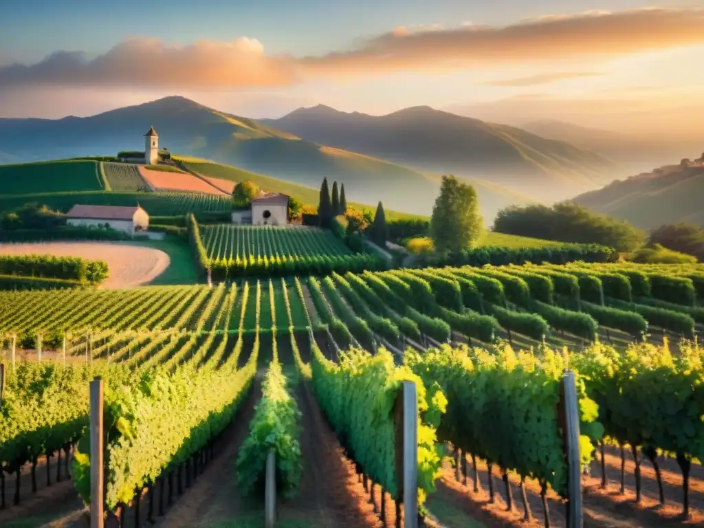 Viñedo pintoresco al atardecer con filas de uvas verdes