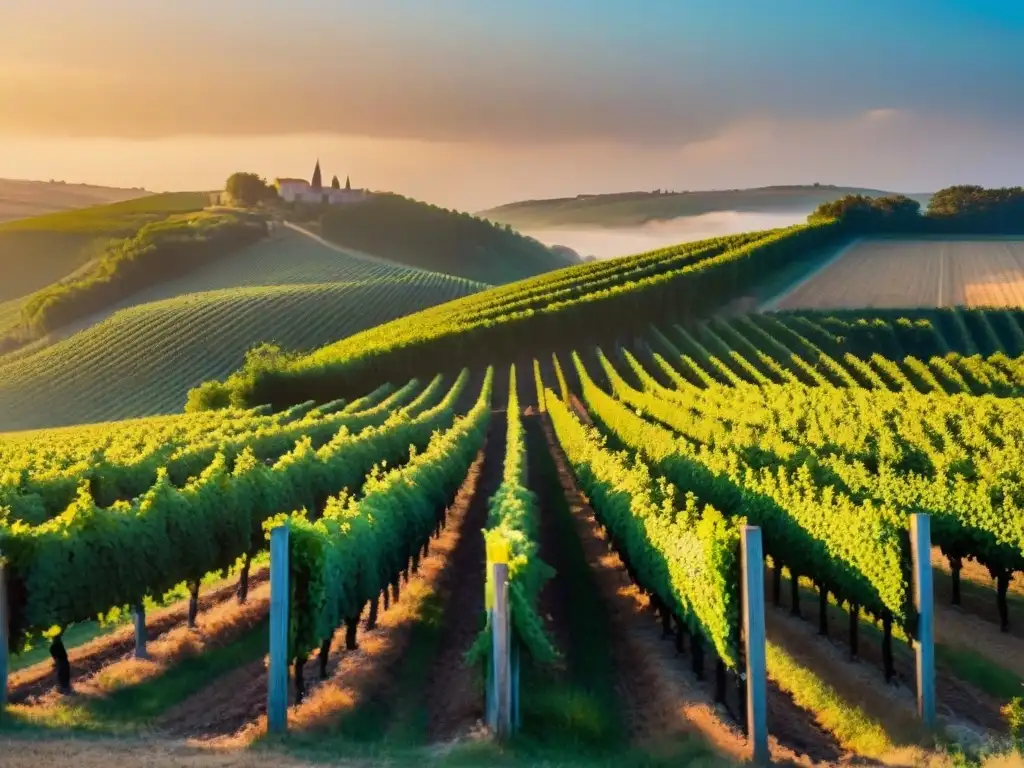 Viñedo pintoresco al atardecer en Francia, con hileras de vides y cálido resplandor dorado