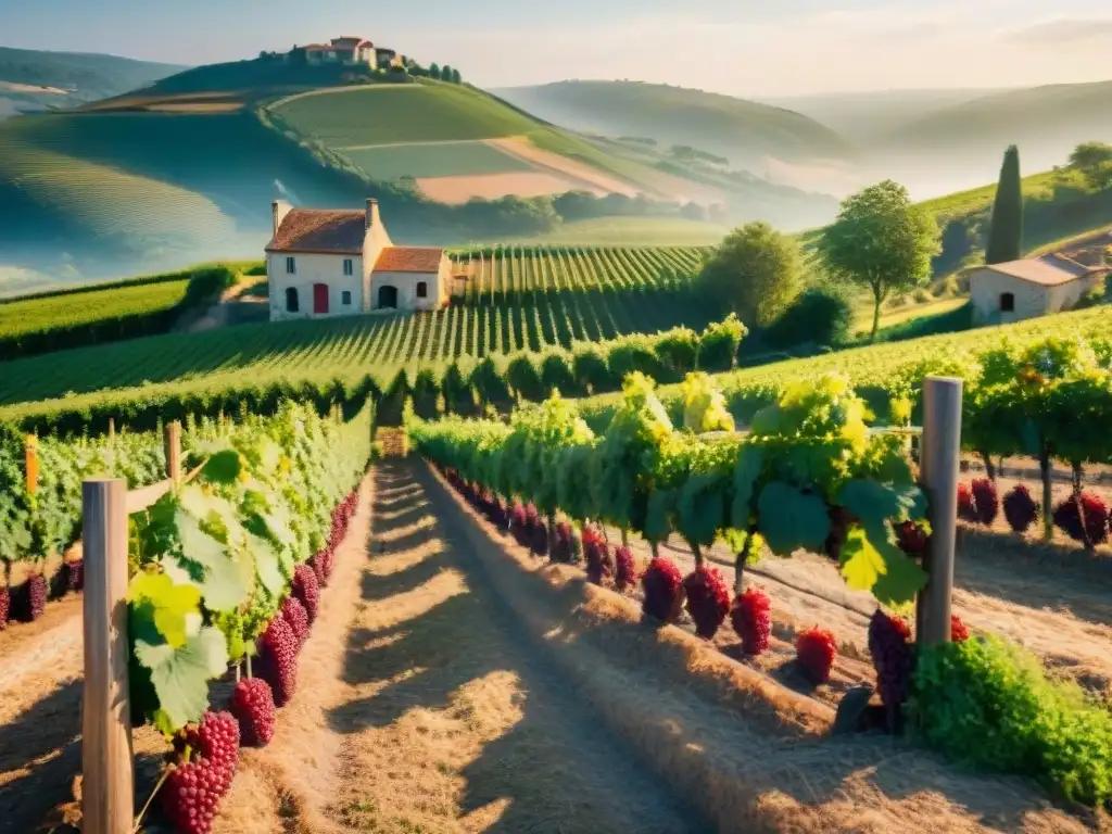 Un viñedo francés pintoresco al atardecer, listo para cosechar uvas rojas bajo el sol dorado