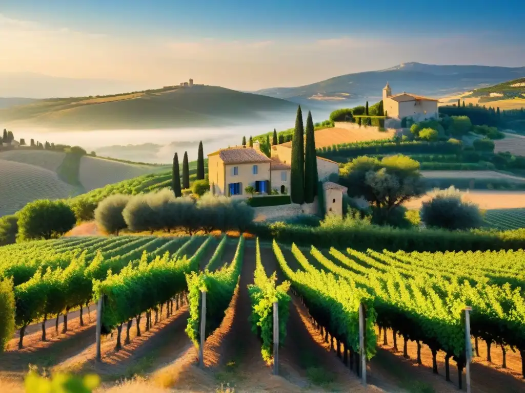 Viñedo pintoresco al atardecer en Provenza, con vides bañadas por el sol