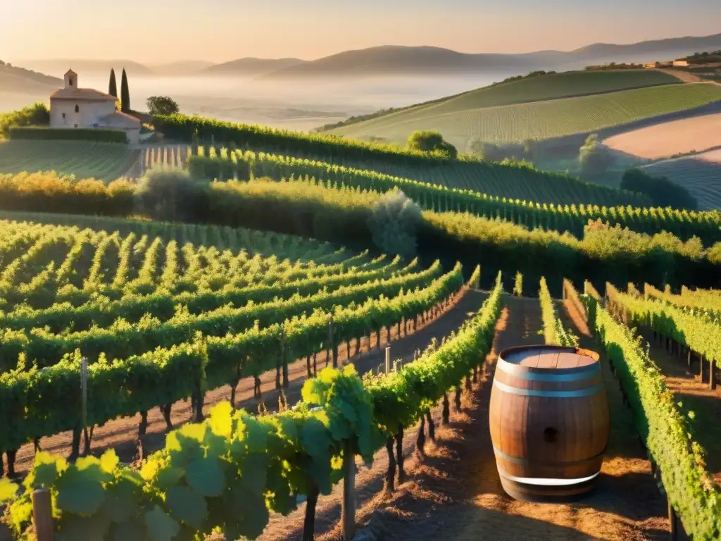 Viñedo pintoresco al atardecer en Provenza, con uvas maduras en barril de madera