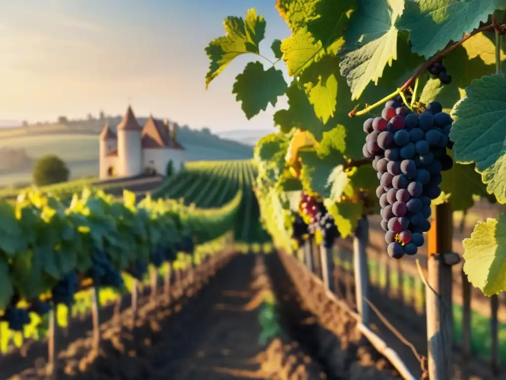 Viñedo pintoresco al atardecer con uvas moradas brillantes