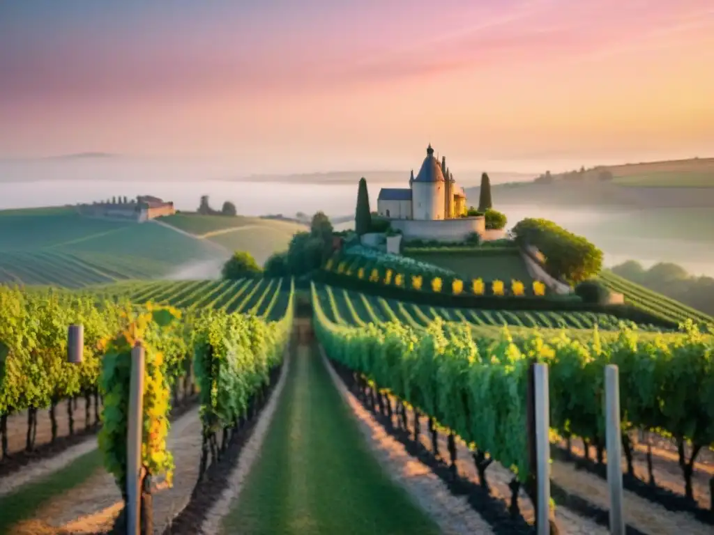 Un viñedo francés pintoresco al atardecer con uvas exuberantes y un castillo de piedra al fondo, bañado en cálida luz dorada