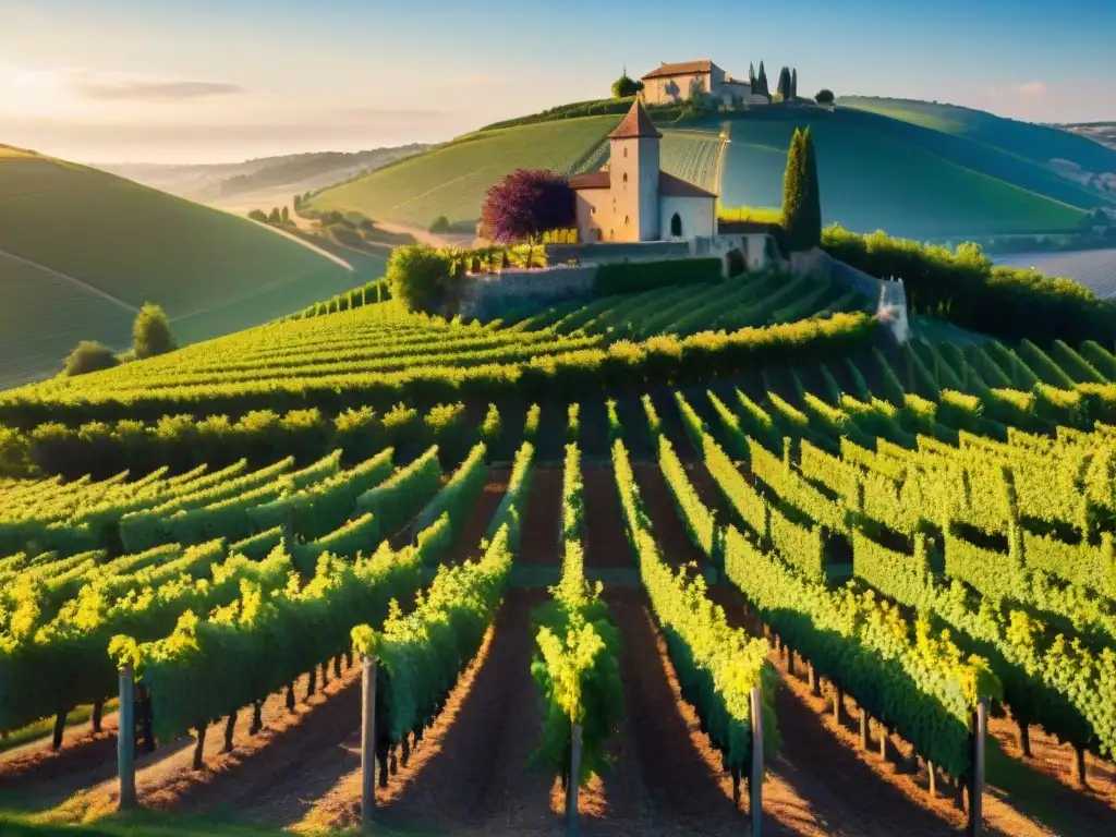 Viñedo pintoresco al atardecer en Francia, con uvas púrpuras