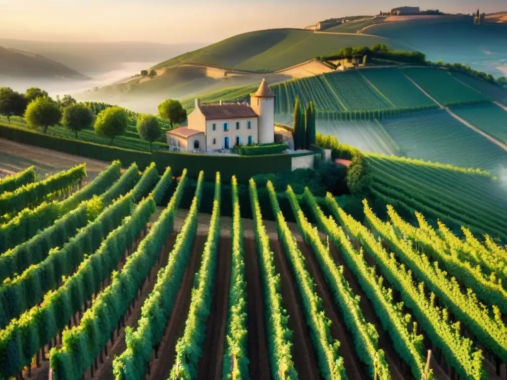 Un viñedo francés pintoresco al atardecer, con uvas, château y colinas