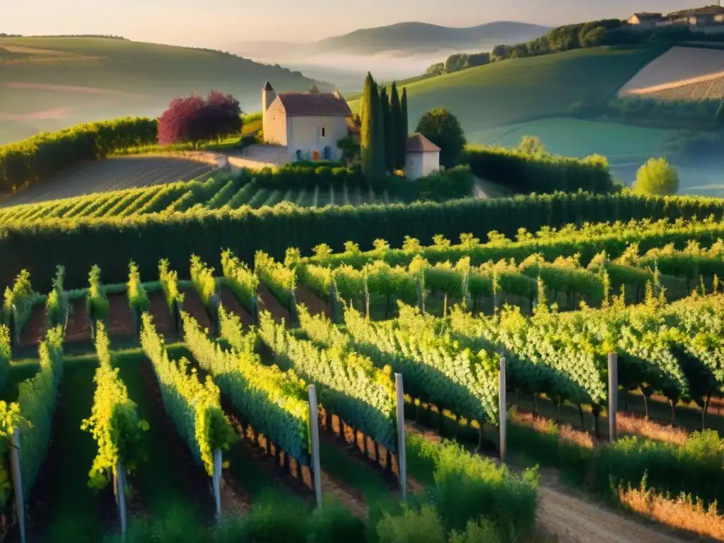 Un viñedo pintoresco al atardecer en Francia con vides orgánicas y flores silvestres