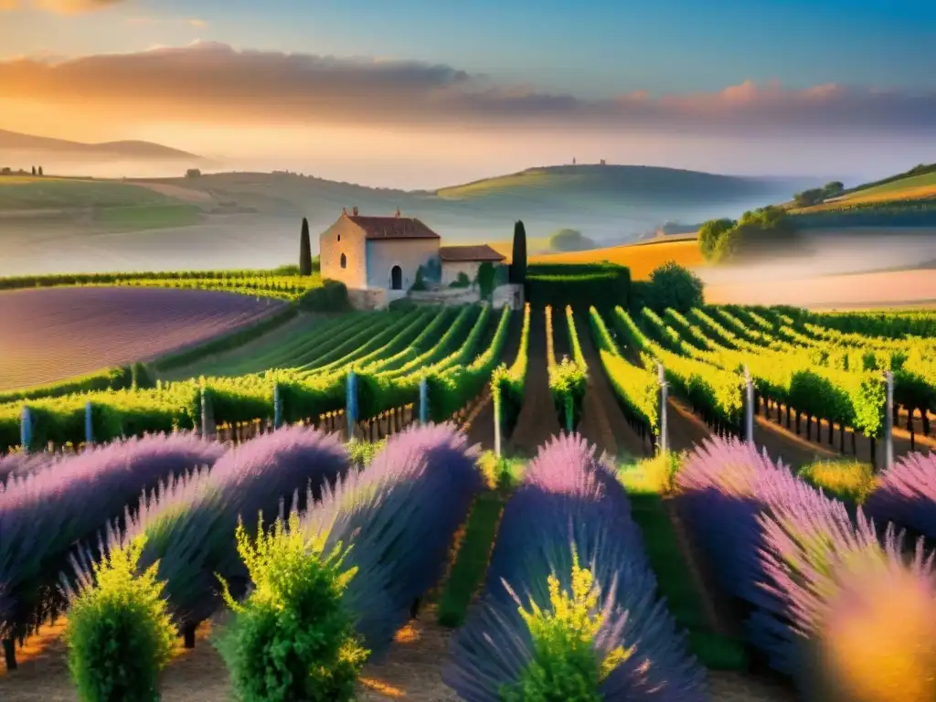 Un viñedo pintoresco en Francia al atardecer, con vides vibrantes y una bodega de piedra