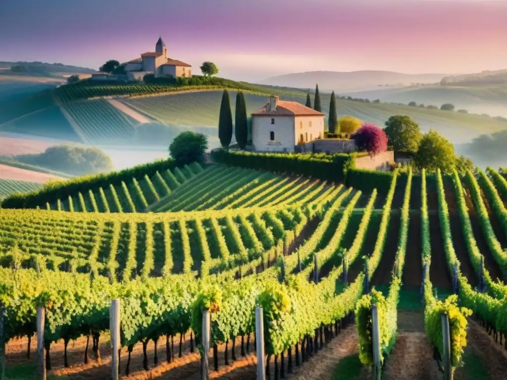 Viñedo pintoresco al atardecer en Francia, con viñedos verdes bajo un cielo de tonos cálidos