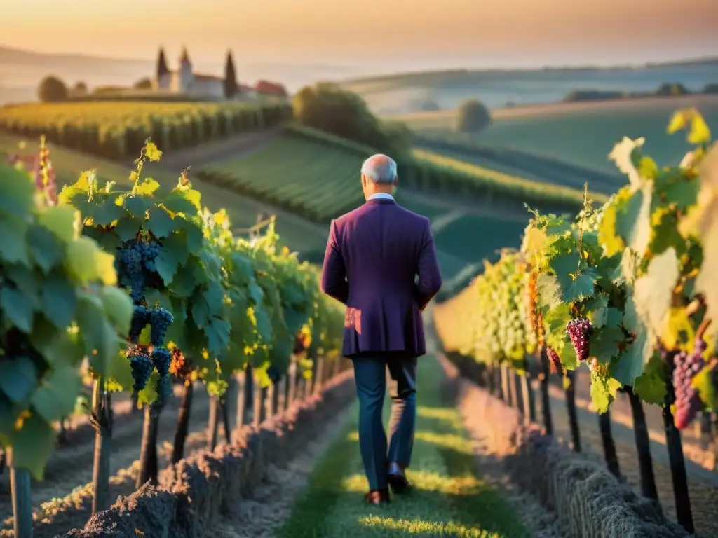 Un viñedo pintoresco al atardecer en Francia con un viticultor examinando uvas maduras