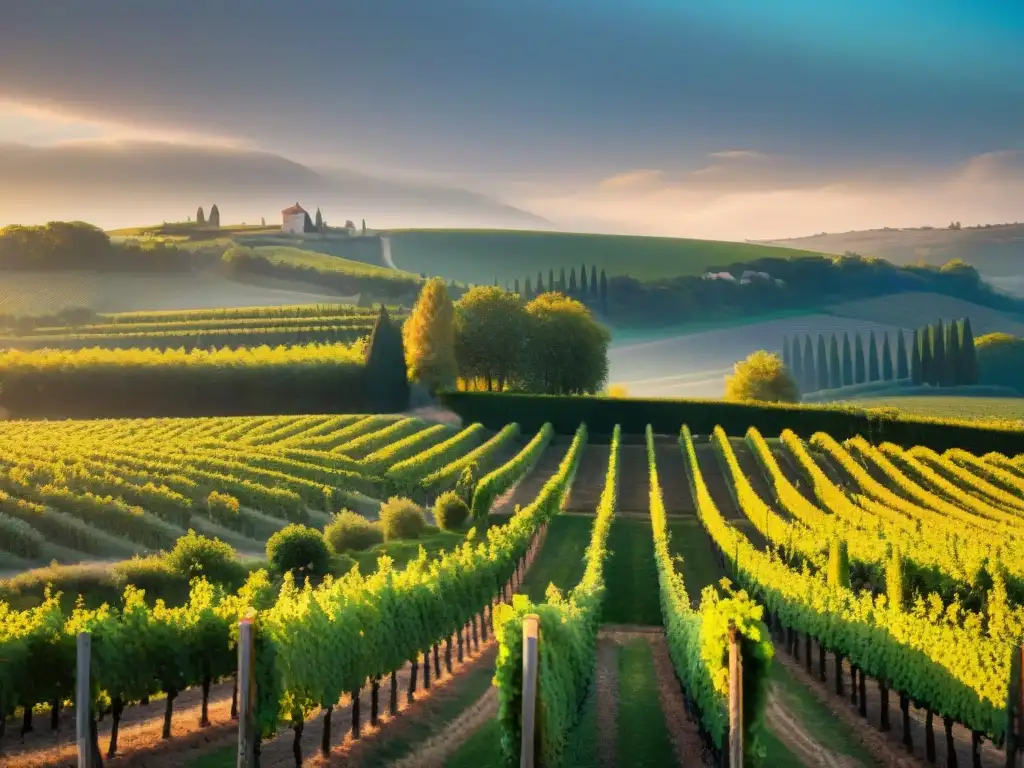 Viñedo francés al atardecer: Tradición vinícola en alta resolución Un viñedo pintoresco al atardecer en Francia