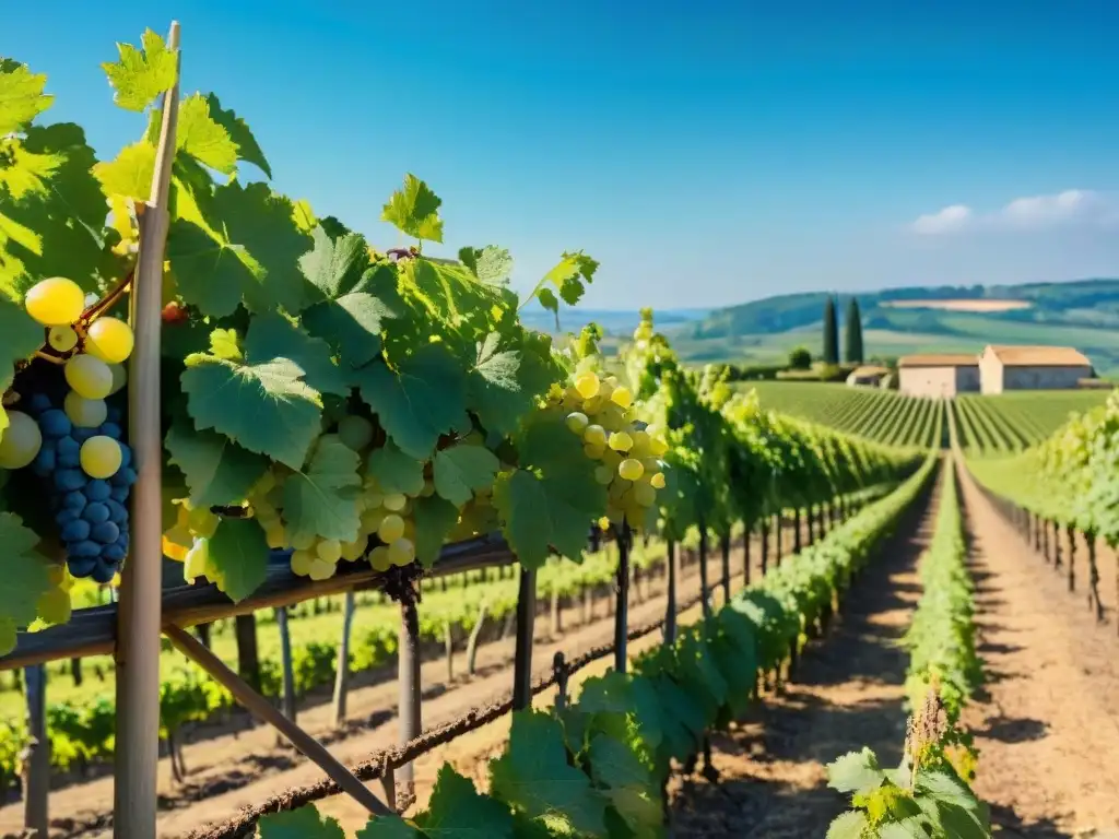 Viñedo francés pintoresco con beneficios vino francés para salud, uvas maduras brillando bajo el sol y bodega tradicional al fondo