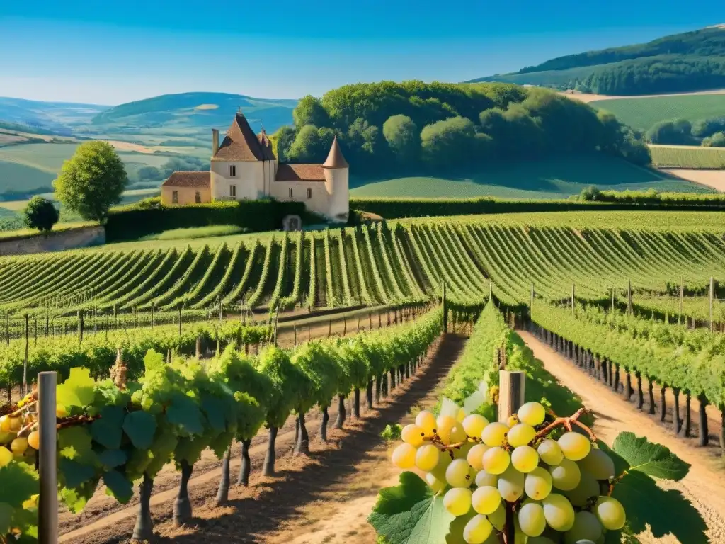 Viñedo pintoresco en la región de Borgoña, Francia, con bodegas y viñedos bajo cielo azul