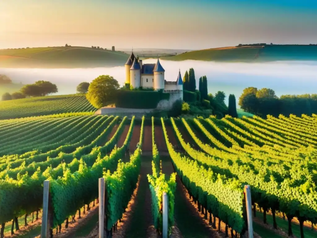 Viñedo pintoresco en Borgoña con vides verdes bajo el sol dorado y un château de piedra al fondo