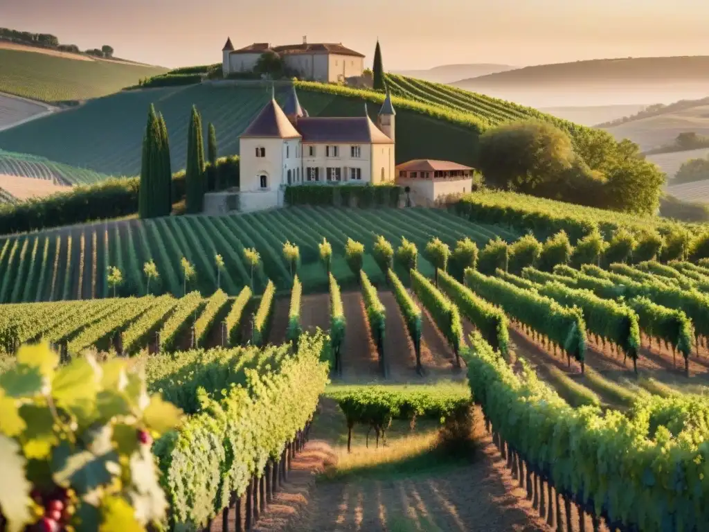 Viñedo pintoresco en Burdeos al atardecer con uvas moradas brillantes