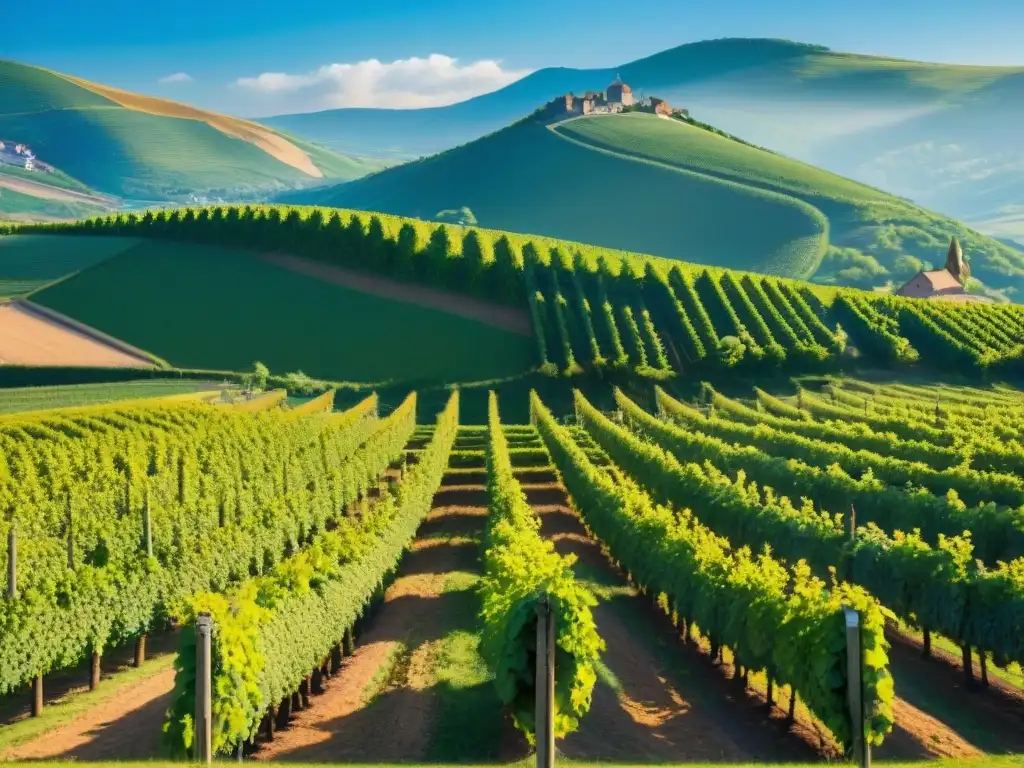 Un viñedo pintoresco en Alsacia, Francia, bajo el cálido sol, muestra sus hileras de uvas