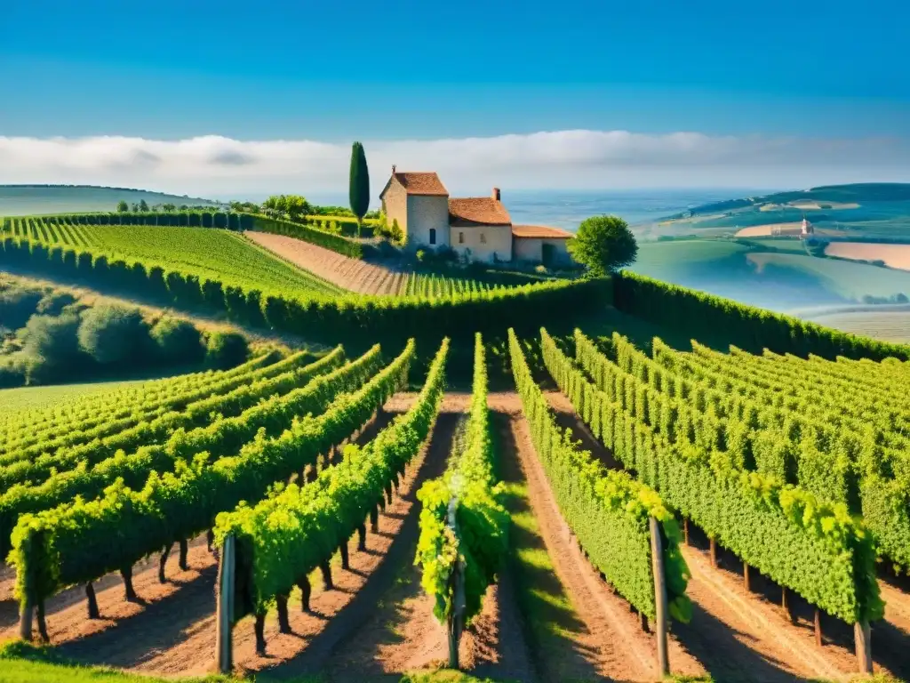 Un viñedo pintoresco en la campiña francesa con filas de viñas verdes bajo el cielo azul