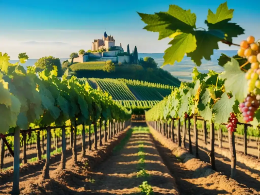 Un viñedo pintoresco en la campiña francesa con filas de uvas verdes bajo el cielo azul