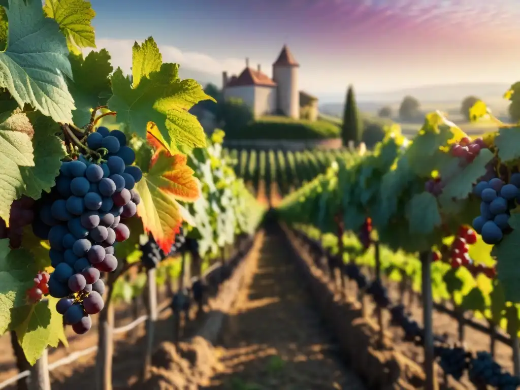 Un viñedo pintoresco en la campiña francesa con diversidad de uvas entre las hojas