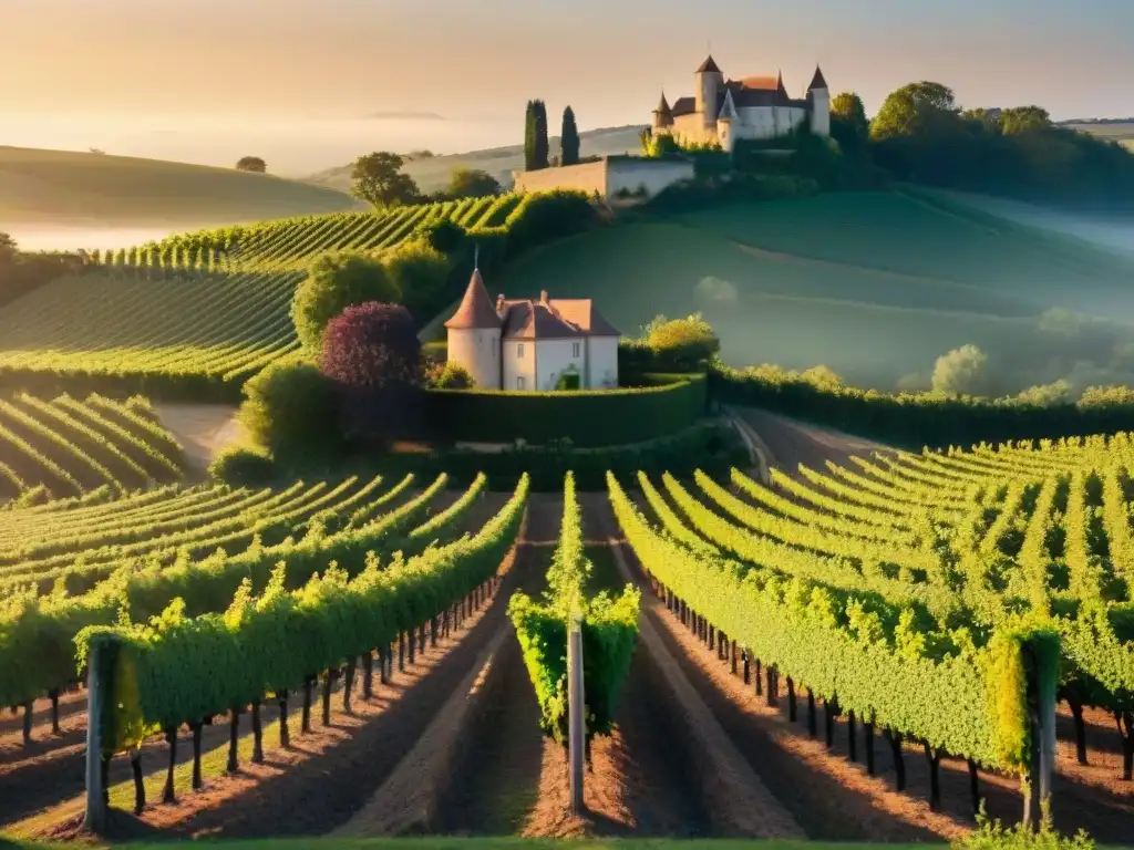 Viñedo pintoresco en la campiña francesa al atardecer, con vides vibrantes y un château elegante