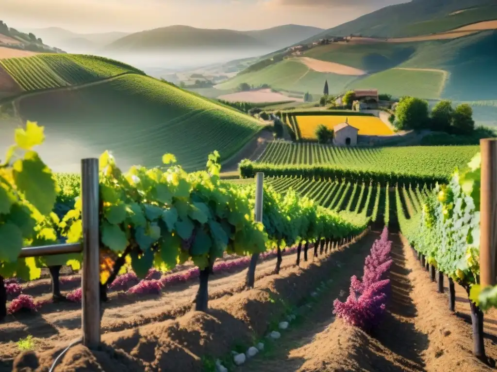 Un viñedo pintoresco en la campiña francesa con vides verdes, uvas moradas y bodegas, ideal para vinos tintos ecológicos de Francia