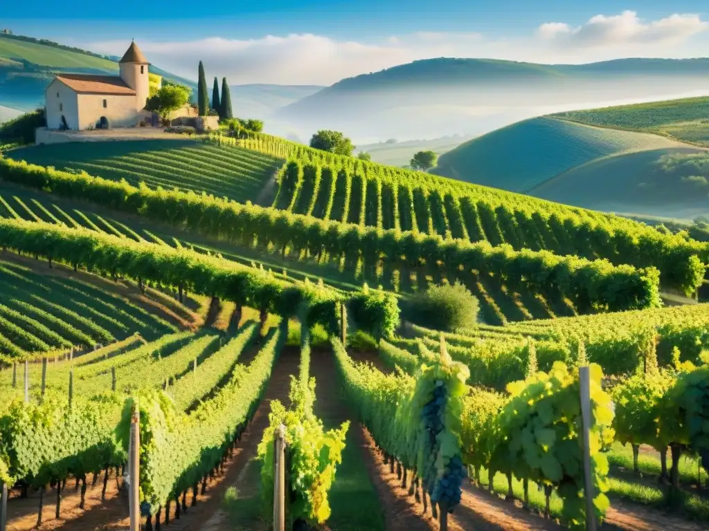 Un viñedo pintoresco en la campiña francesa con uvas verdes, colinas y un chateau al fondo