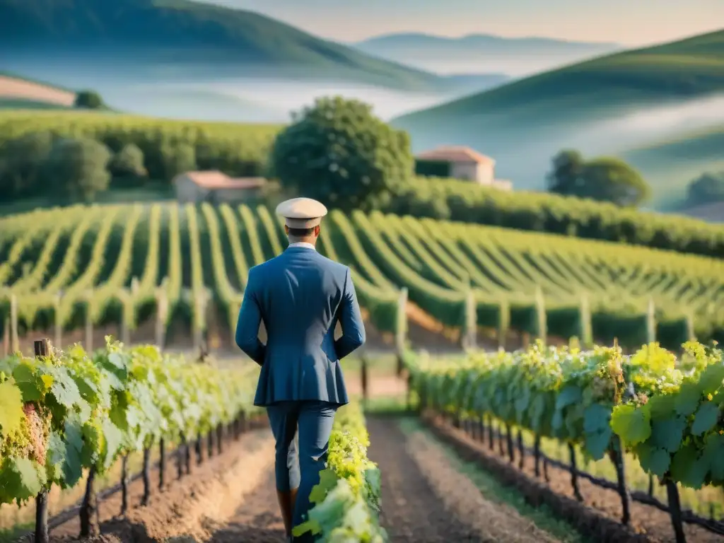 Un viñedo pintoresco en la campiña francesa, con viñas verdes bajo un cielo azul