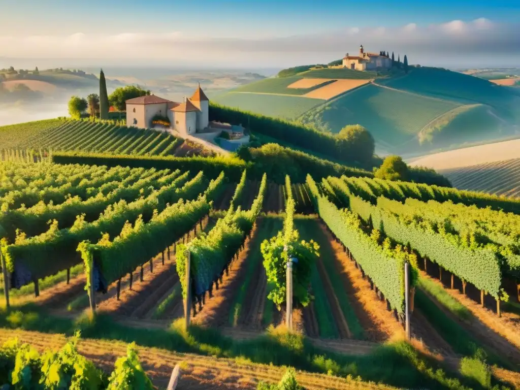 Un viñedo pintoresco en la campiña francesa durante la vendimia, con obreros seleccionando uvas