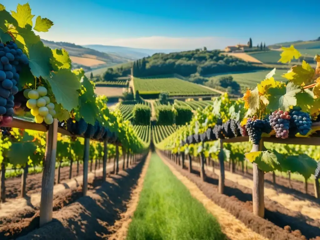 Un viñedo pintoresco en la campiña francesa durante la vendimia, con uvas moradas